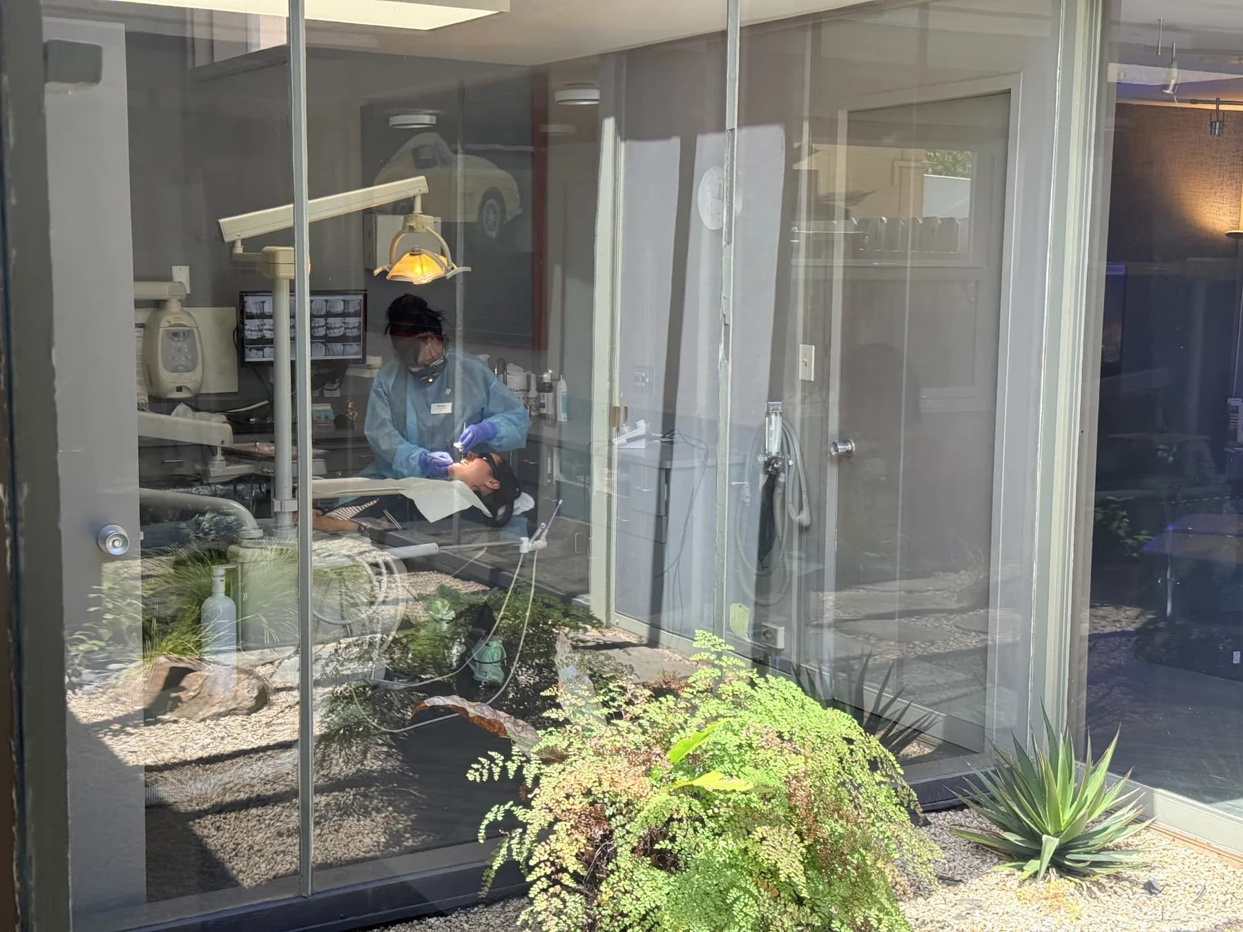 Dental treatment suite beside the office garden courtyard