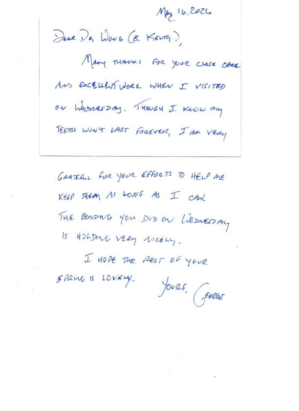 Handwritten thank-you note from a patient named George to Dr. Wong and Kelty, dated May 16, 2026