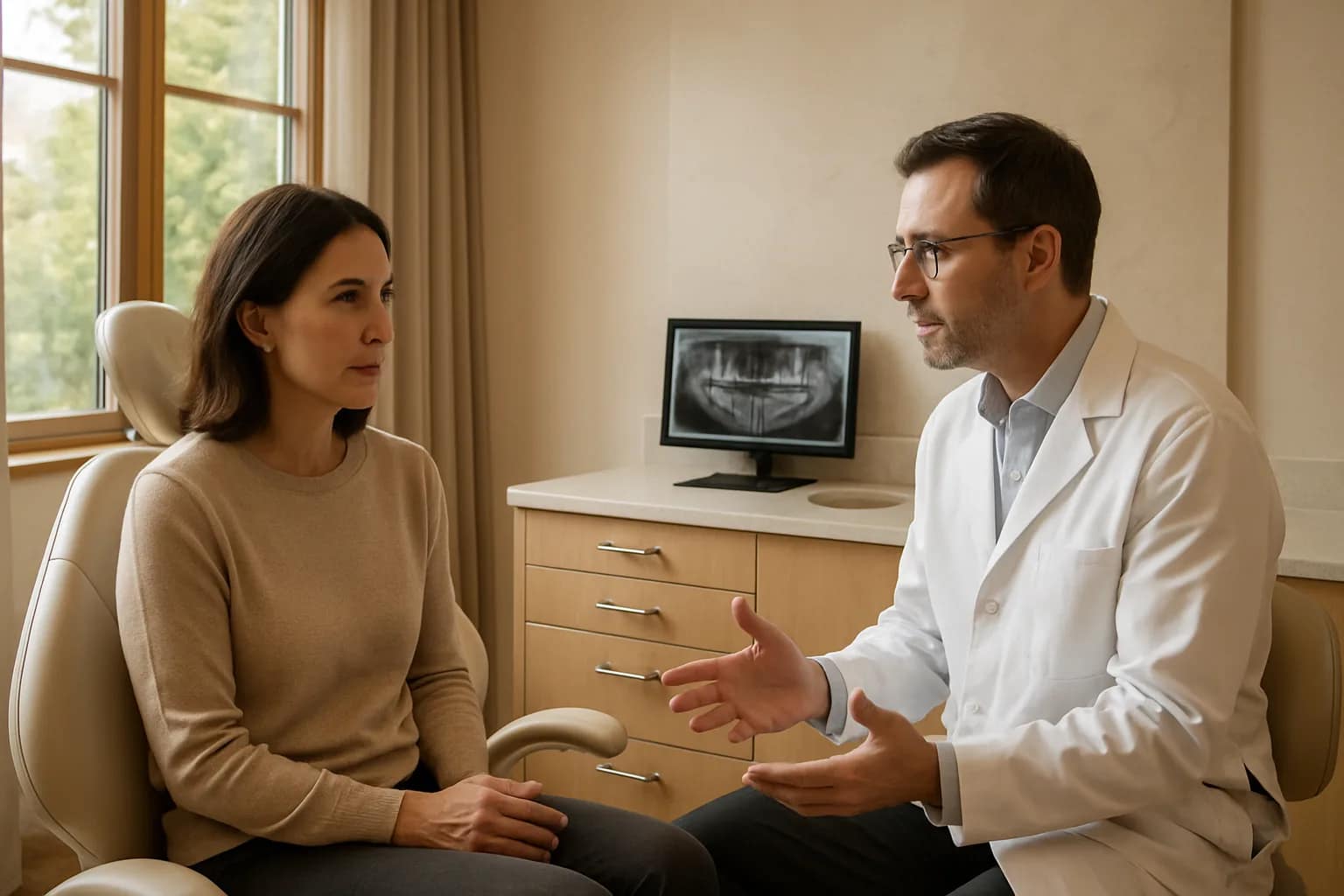 Adult patient consulting with a dentist in a serene upscale Palo Alto treatment room with warm daylight