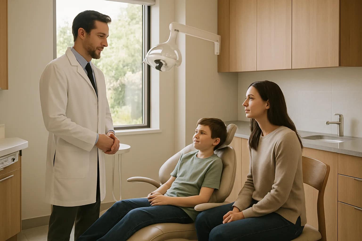 Dentist speaking with a Menlo Park parent and child in a warm modern Palo Alto treatment room