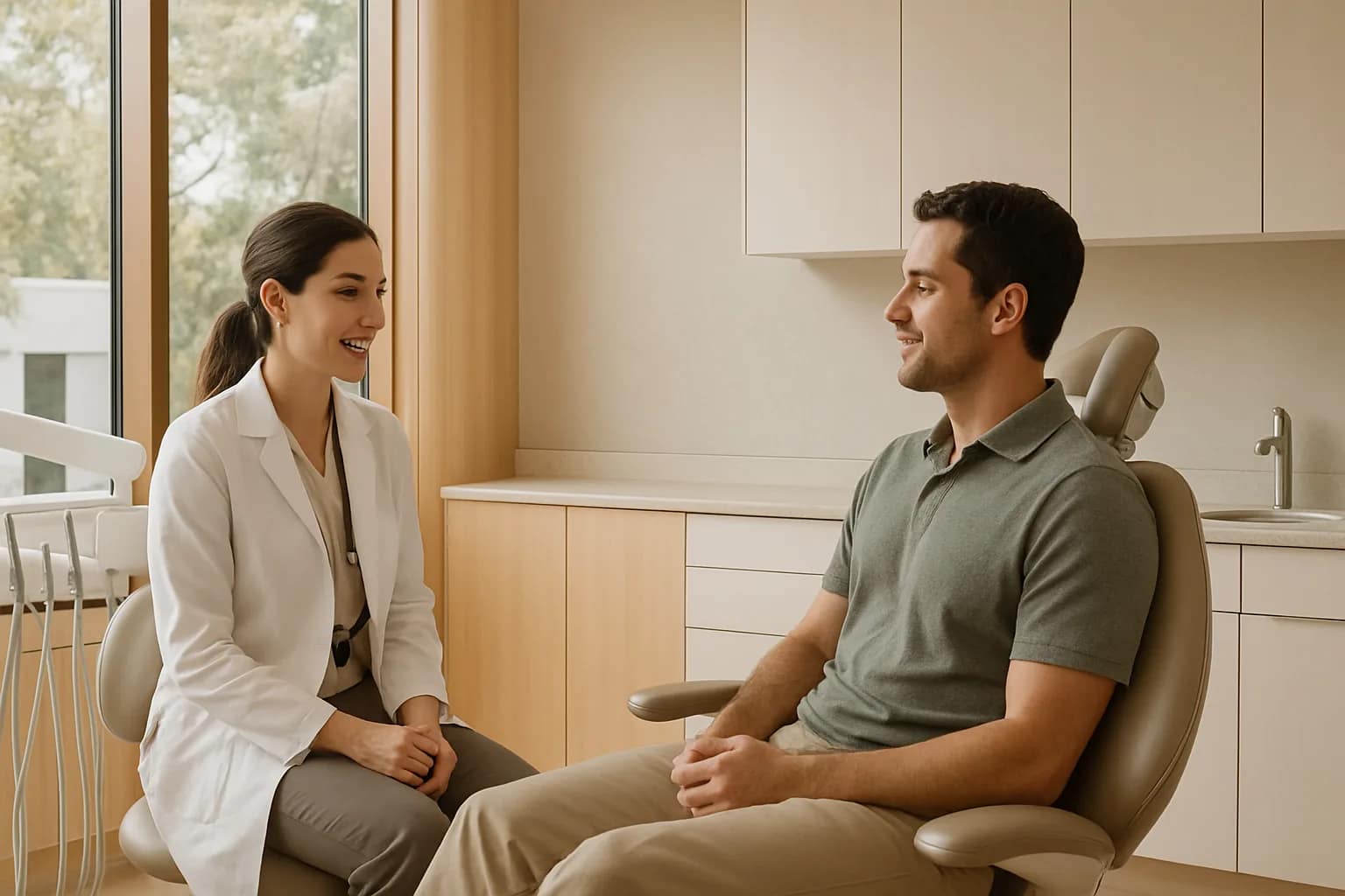 Adult patient talking with a dentist during a routine checkup in a bright premium Palo Alto treatment room