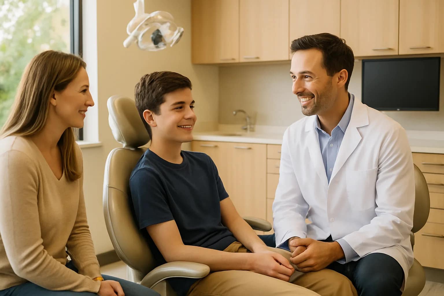 Dentist talking with a Sunnyvale teen and parent in a bright comfortable Palo Alto treatment room