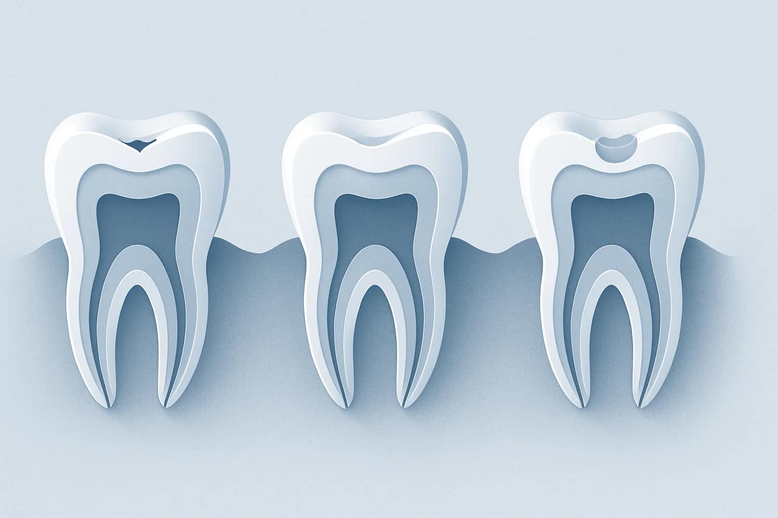 Editorial diagram showing early cavity treatment, a conservative filling, and how delay can lead to larger repairs