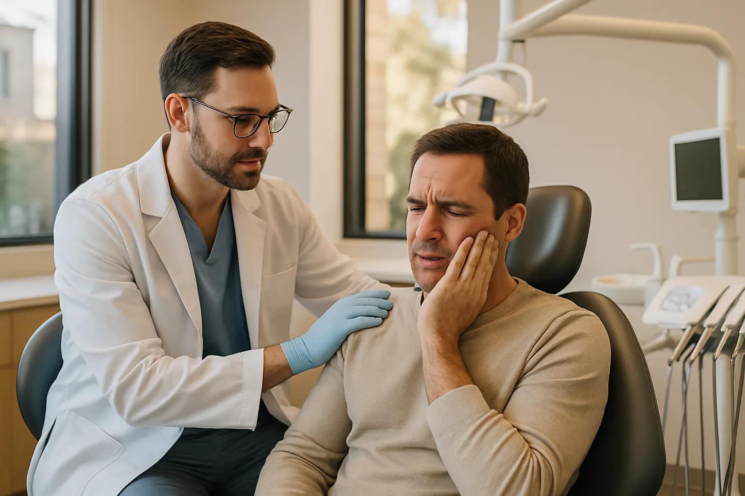 Dentist reassuring a patient during a same-day emergency visit in a modern Palo Alto treatment room
