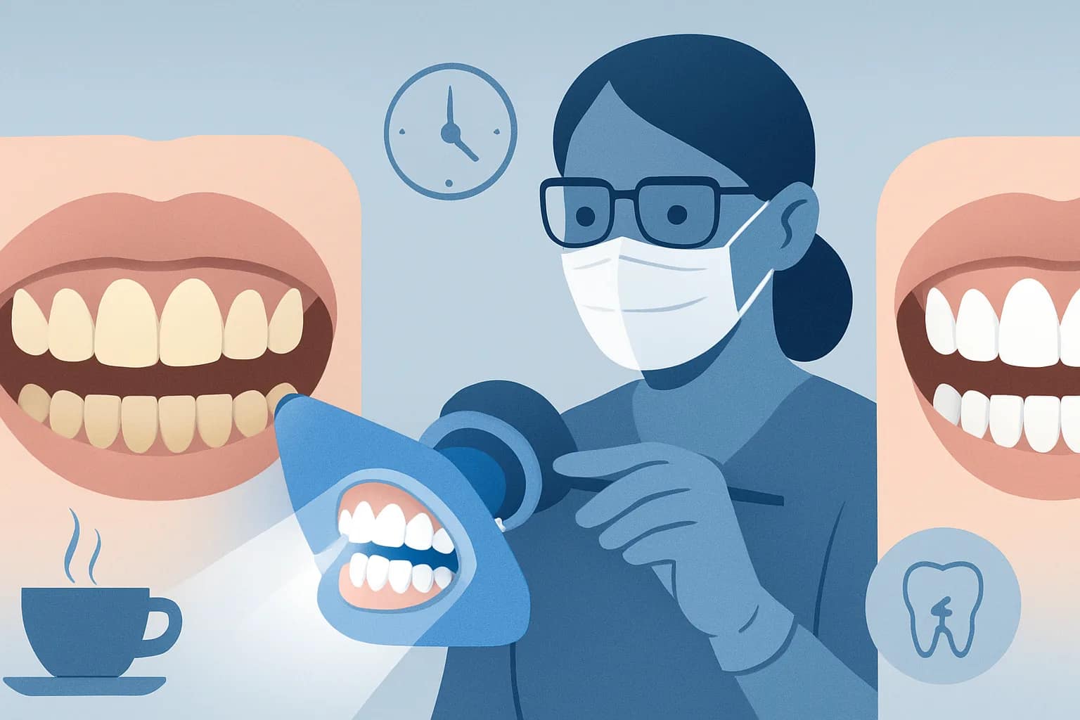 Editorial diagram showing professional teeth whitening, stain sources, and a brighter natural result