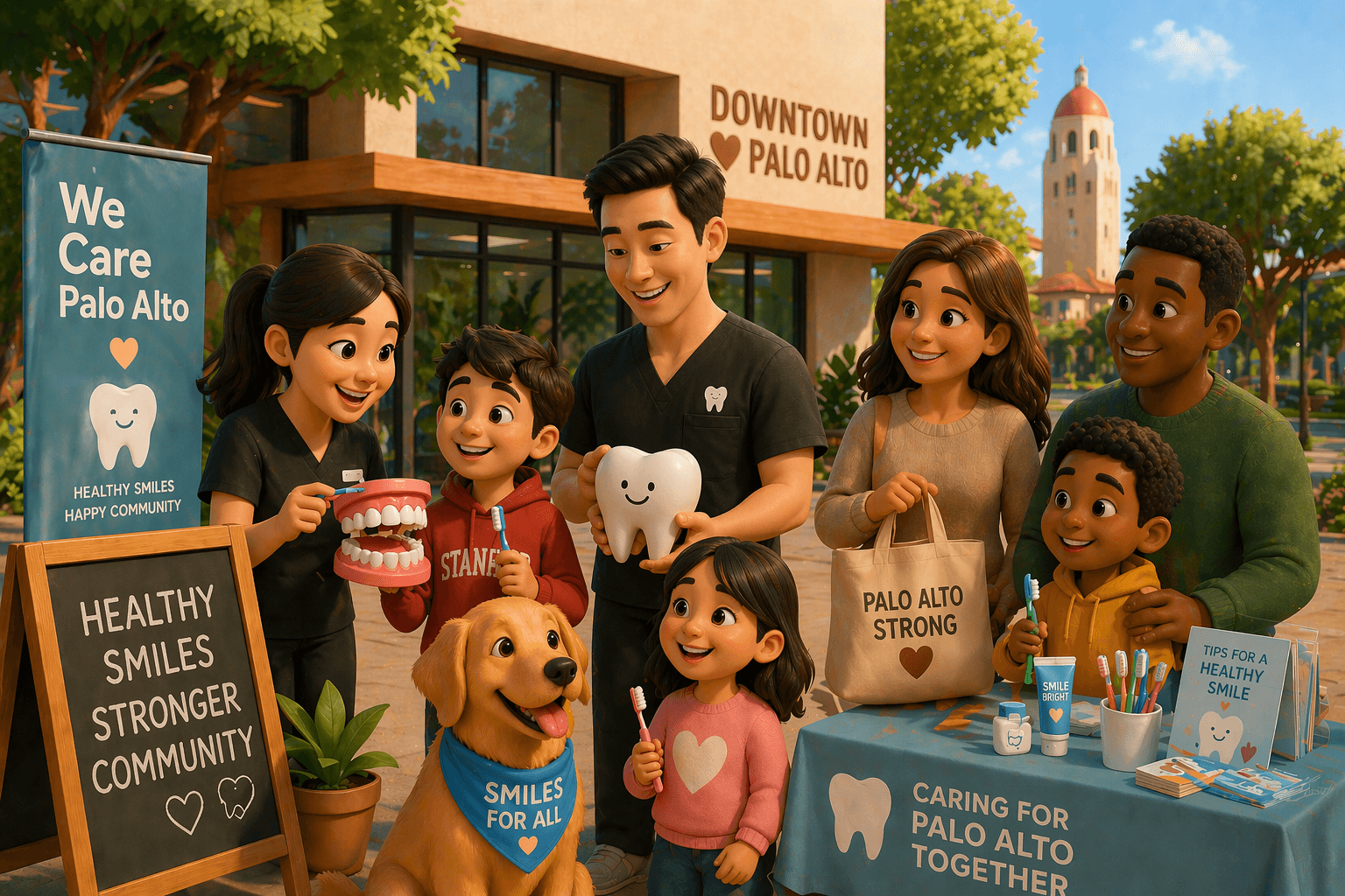 Illustrated scene of a Palo Alto dental team welcoming local families and nearby communities