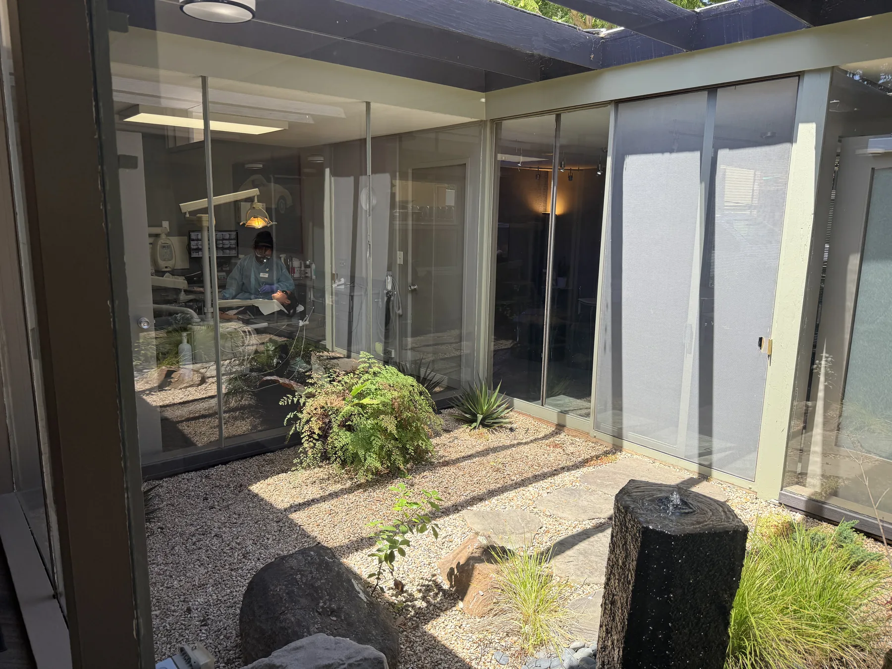 Quiet garden courtyard outside the Palo Alto dental treatment rooms